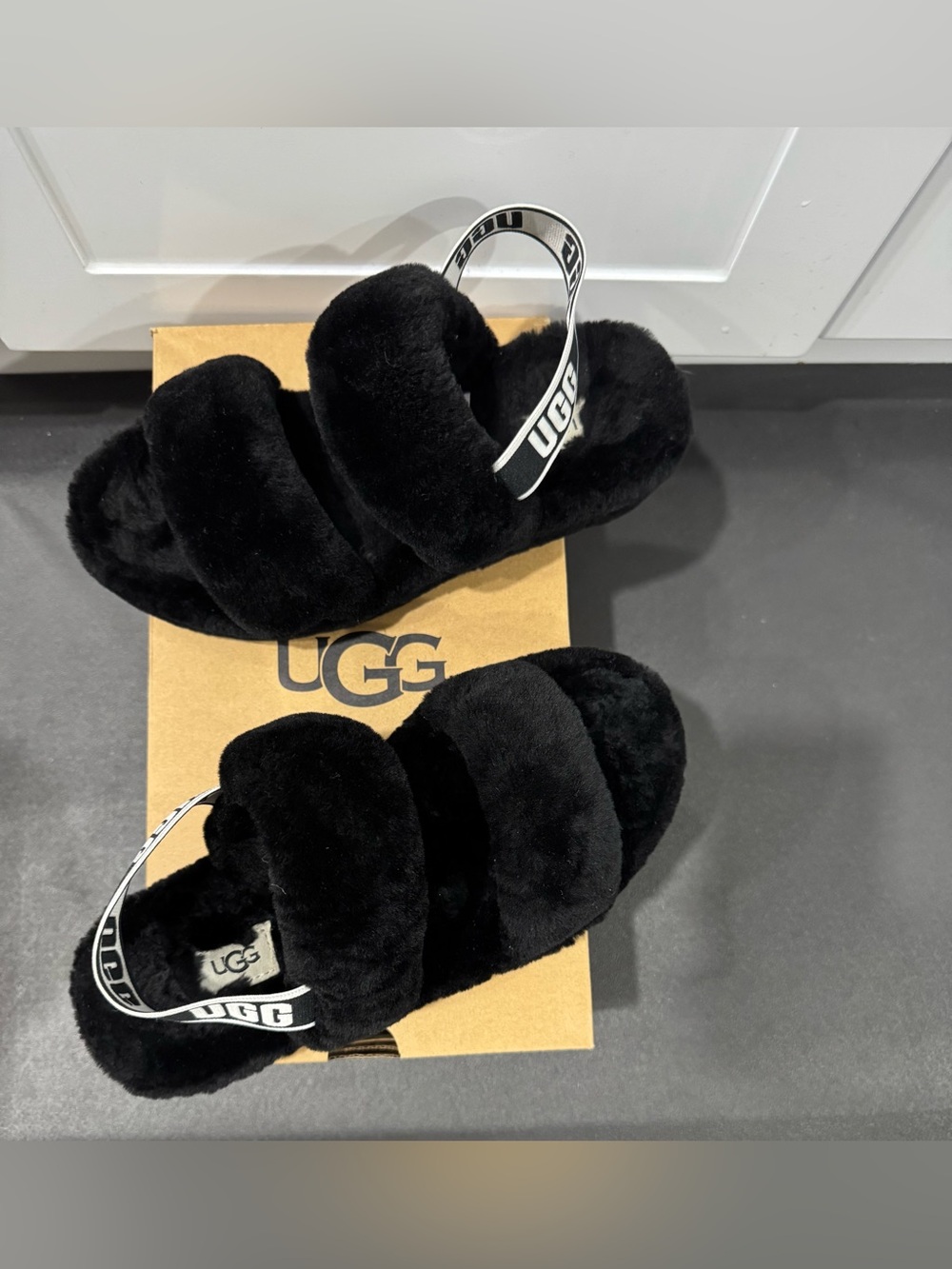 UGG Black Oh Yeah Fluffy Sheepskin Slide Sandals